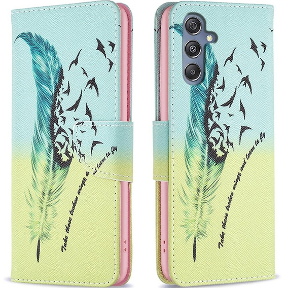 Cu clapetă pentru Samsung Galaxy M34, Wallet, feather, albastru