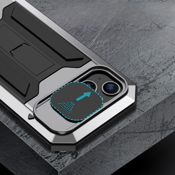 Husă pentru iPhone 14, R-JUST CamShield Slide, armată, de argint / negru