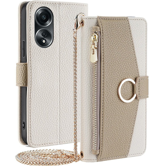 Carcasă flip pentru Oppo A58 4G, Wallet Zipper Pocket, cu oglindă, alb