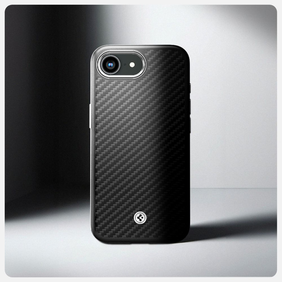 Carcasa Spigen pentru iPhone 16E, Enzo Aramid MagSafe, negru carbon + 9H Tempered Glass
