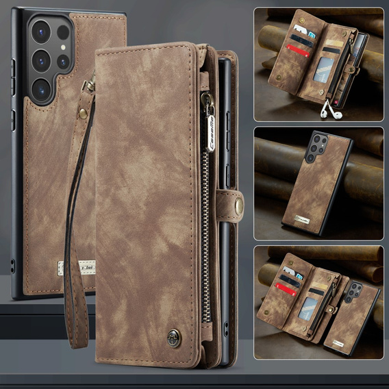Husă CASEME pentru Samsung Galaxy S25 Ultra, Retro Leather Wallet, cu curea de umăr, maro