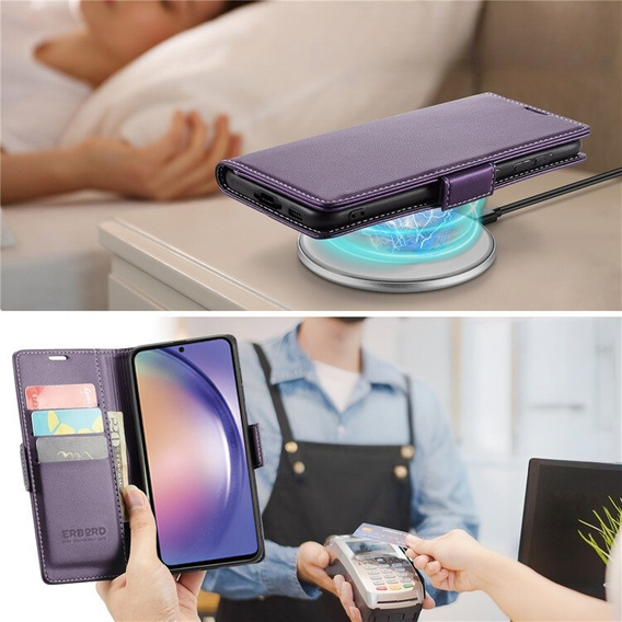 Husă pentru Samsung Galaxy A55, ERBORD Glossy Litchi, portofel cu clapetă, violet