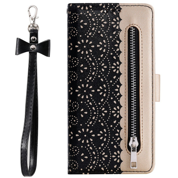 Carcasă cu clapetă pentru Samsung Galaxy A51 5G, Wallet Pocket Zipper Lace, negru