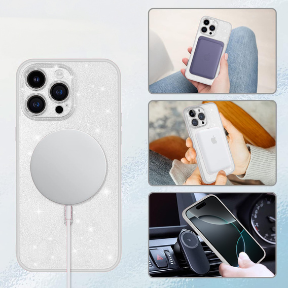 Husă pentru iPhone 16 Pro, ERBORD Glitter MagSafe, transparentă + Sticlă pentru ecran