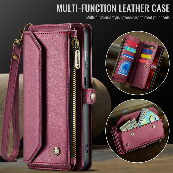 Husă CASEME pentru Samsung Galaxy S25 FE, RFID Leather Wallet, cu curea de umăr, roșu