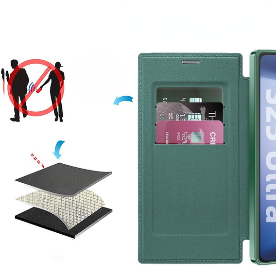 Cu clapetă pentru Samsung Galaxy S25 Ultra, RFID Wallet MagSafe CamShield, verde