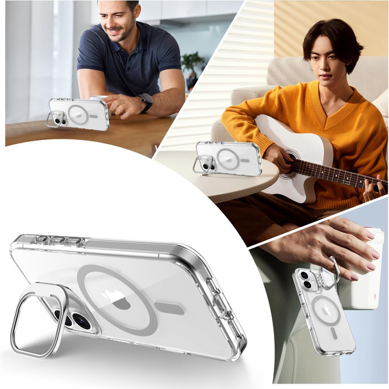 Husă pentru iPhone 17, pentru MagSafe, cu suport, transparentă cu inserții gri