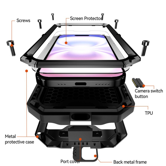 Husă blindată R-JUST cu protecție pentru ecran și suport pentru iPhone 17