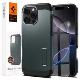 Carcasa Spigen pentru iPhone 16 Pro, Tough Armor Mag MagSafe, verde + 9H Tempered Glass