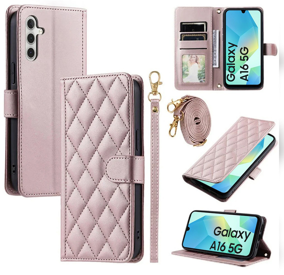 Husă cu clapetă pentru Samsung Galaxy A16, Rhombus Crossbody Leather, roz rose gold