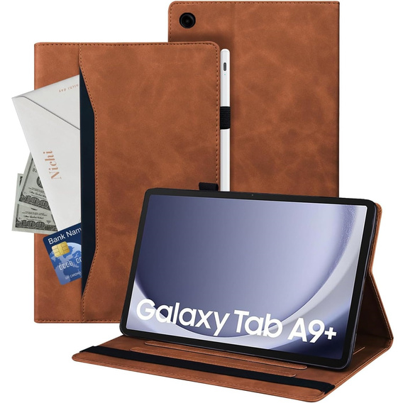 Husă pentru Samsung Galaxy Tab A9+, Classic, cu spațiu pentru stylus, maro