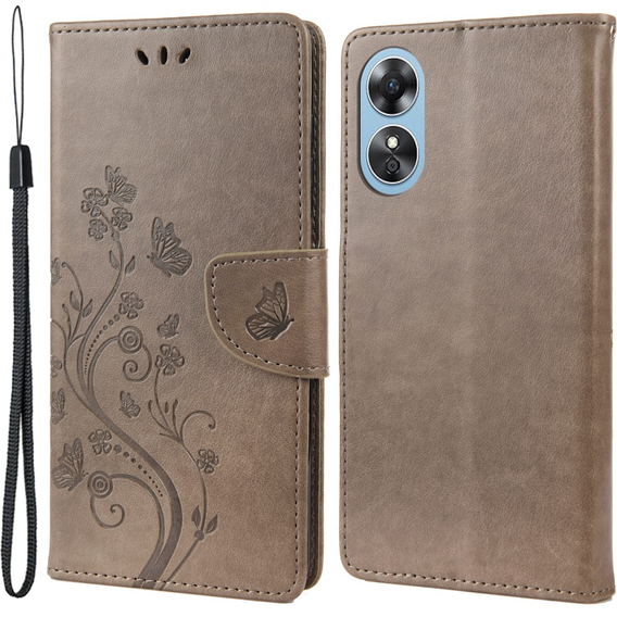 Cu clapetă pentru Oppo A17, Butterfly, gri