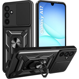 Husă blindată pentru Samsung Galaxy A17 5G, cu protecție pentru cameră, cu suport, negru