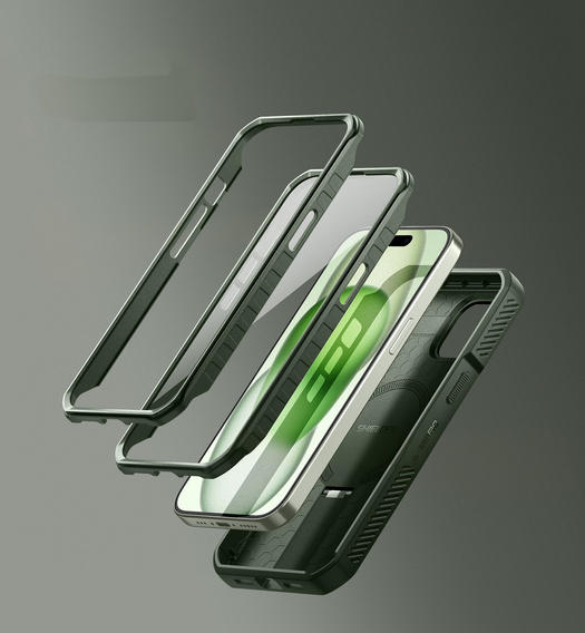 Husă blindată pentru iPhone 15, Dexnor CamProtect MagSafe, verde (Două rame)