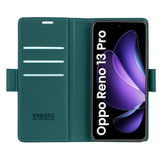 Husă pentru Oppo Reno 13 Pro, ERBORD Glossy Litchi, portofel cu clapetă, verde