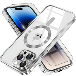 Husă pentru iPhone 14 Pro, Electro MagSafe, de argint + Sticlă pentru ecran