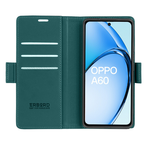 Husă pentru Oppo A60, ERBORD Glossy Litchi, portofel cu clapetă, verde