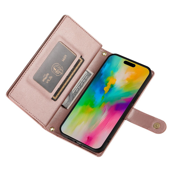 Cu clapetă pentru iPhone 16 Pro Max, Wallet Zipper Pocket, roz
