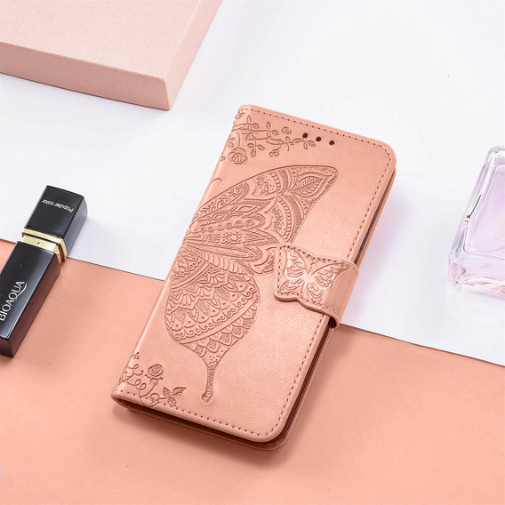 Cu clapetă pentru Xiaomi Poco F7 Pro, Butterfly, roz rose gold