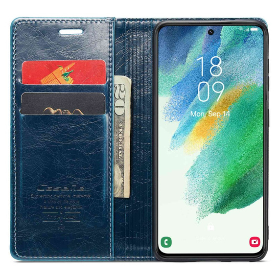 Carcasă flip CASEME pentru Samsung Galaxy S21 FE, Waxy Textured, albastru
