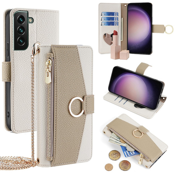 Carcasă flip pentru Samsung Galaxy S23 FE, Wallet Zipper Pocket, cu oglindă, alb