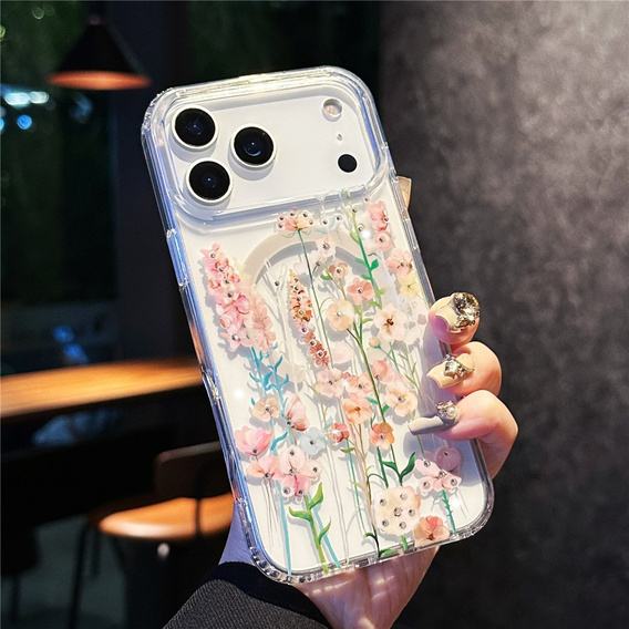 Husă magnetică cu model floral realizat cu laser pentru iPhone 17 Pro Max