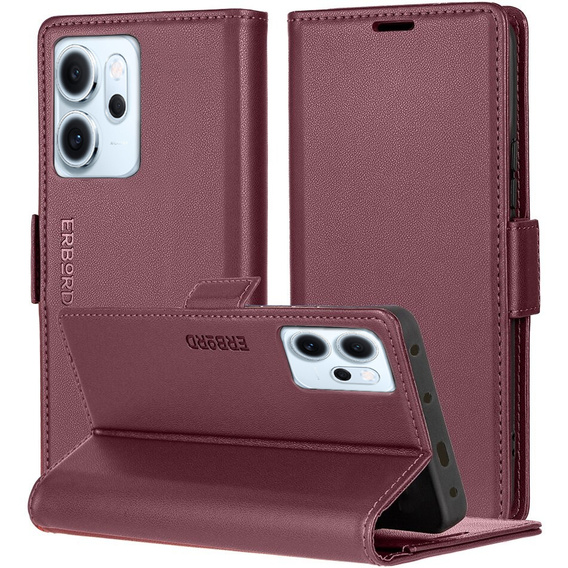 Husă pentru Oppo Reno 14 F / 14 FS, ERBORD Glossy Litchi, portofel cu clapetă, roșu