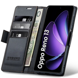 Husă pentru Oppo Reno 13, ERBORD Glossy Litchi, portofel cu clapetă, negru