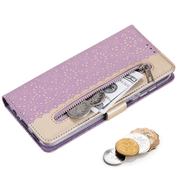Carcasă cu clapetă pentru Samsung Galaxy A54 5G, Wallet Pocket Zipper Lace, violet