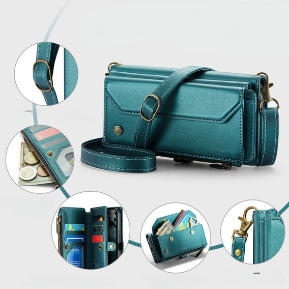 Husă CASEME pentru iPhone16e, RFID Leather Wallet, cu curea de umăr, verde
