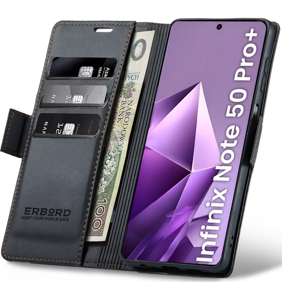 Husă pentru Infinix Note 50 Pro+, ERBORD Glossy Litchi, portofel cu clapetă, negru