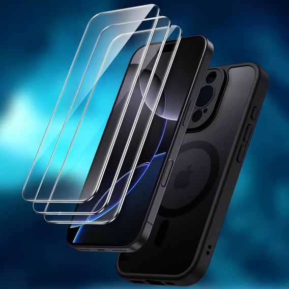 Husă pentru iPhone 16 Pro, pentru MagSafe, ERBORD Matt Case, negru + sticlă pentru ecran
