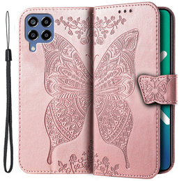 Cu clapetă pentru Samsung Galaxy M33, Butterfly, roz rose gold