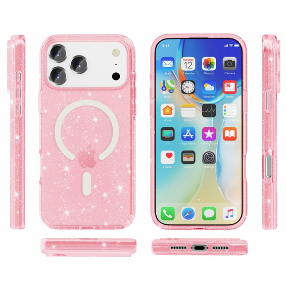 Husă pentru iPhone 17 Pro, pentru MagSafe, glitter, roz transparent