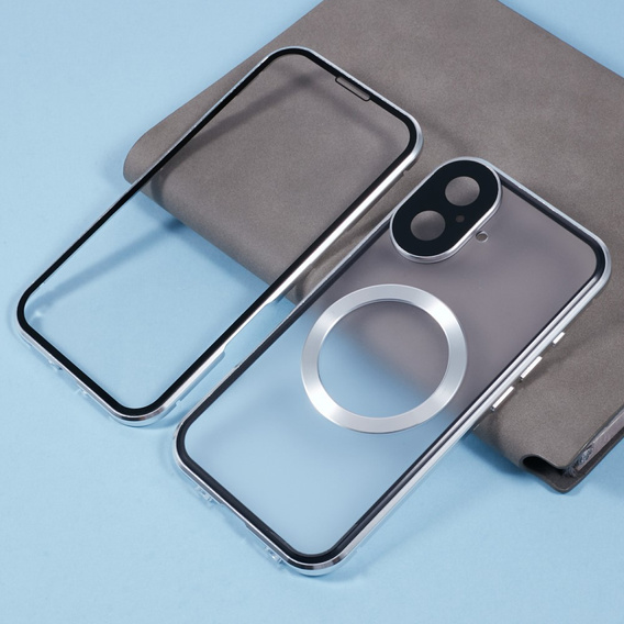 Carcasa Magnetic Dual Glass MagSafe pentru iPhone 16, de argint