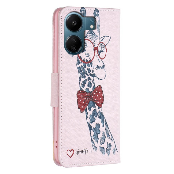 Cu clapetă pentru Xiaomi Redmi 13C / Poco C65, Wallet, giraffe, roz