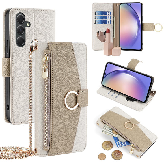 Carcasă flip pentru Samsung Galaxy A54, Wallet Zipper Pocket, cu oglindă, alb