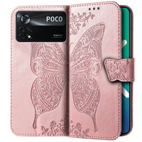 Cu clapetă pentru Xiaomi Poco X4 Pro 5G, Butterfly, roz rose gold