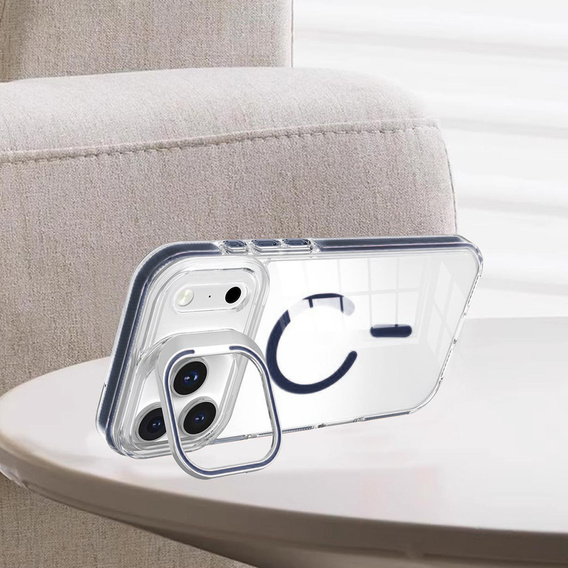 Husă pentru iPhone 17 Pro Max, pentru MagSafe, cu suport, transparentă cu inserții albastru marin