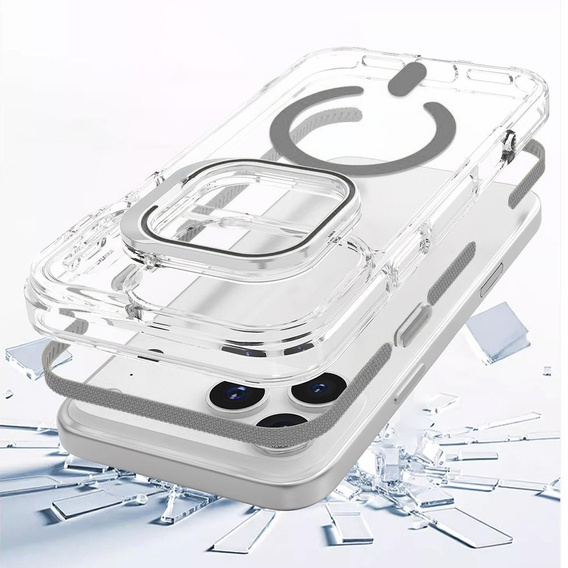 Husă pentru iPhone 17 Pro, pentru MagSafe, cu suport, transparentă cu inserții gri