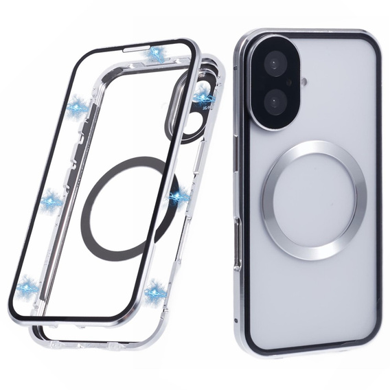 Carcasa Magnetic Dual Glass MagSafe pentru iPhone 16, de argint