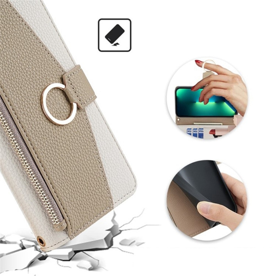 Carcasă flip pentru Samsung Galaxy M15 5G, Wallet Zipper Pocket, cu oglindă, alb