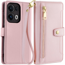 Cu clapetă pentru Oppo Reno 13 Pro, Wallet Zipper Pocket, roz