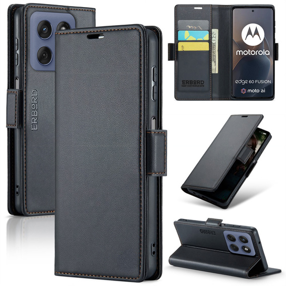 Husă pentru Motorola Edge 60 / 60 Fusion, ERBORD Glossy Litchi, portofel cu clapetă, negru