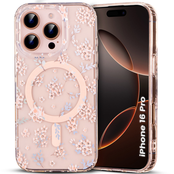 Husă magnetică cu model floral realizat cu laser pentru iPhone 16 Pro