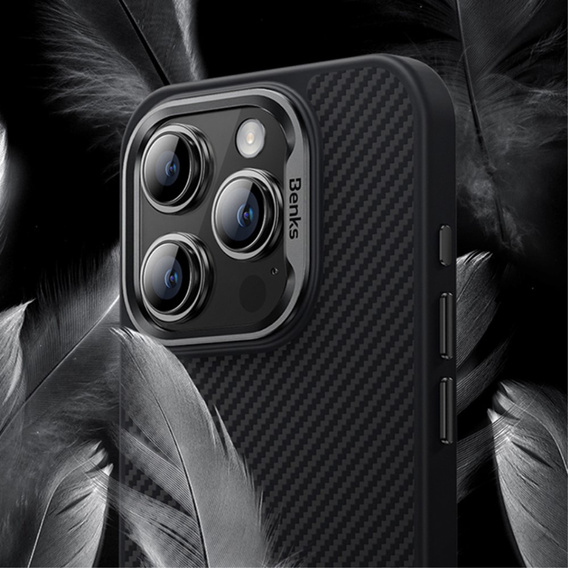 Carcasa BENKS Kevlar pentru iPhone 15 Pro Max, pentru MagSafe, Carbon Fiber, negru