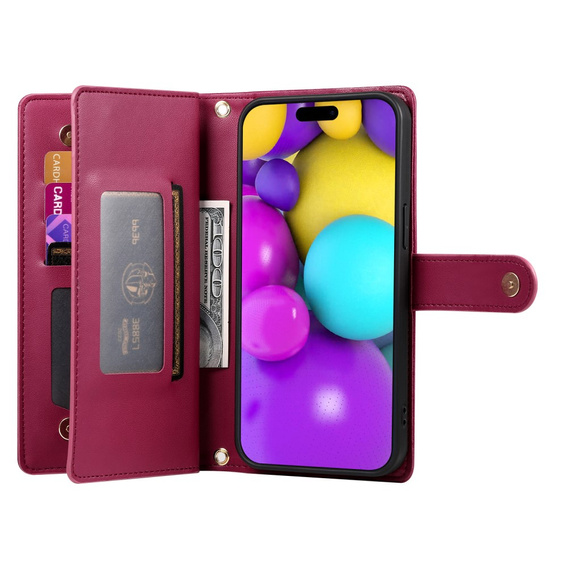 Cu clapetă pentru iPhone 16, Wallet Zipper Pocket, roșu