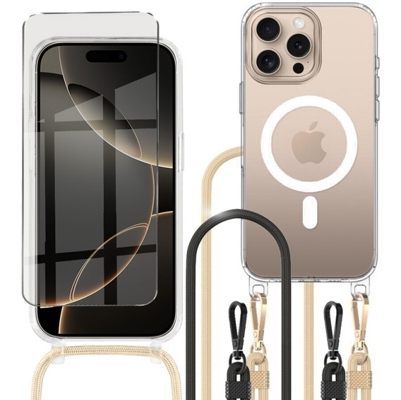 Husă cu lănțișor pentru iPhone 16 Pro, ERBORD MagSafe, transparentă + sticlă pentru ecran