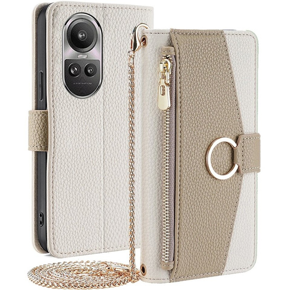 Carcasă flip pentru Oppo Reno 10 / 10 Pro, Wallet Zipper Pocket, cu oglindă, alb