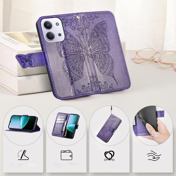 Cu clapetă pentru Xiaomi Redmi 15C 4G/LTE, Butterfly, violet